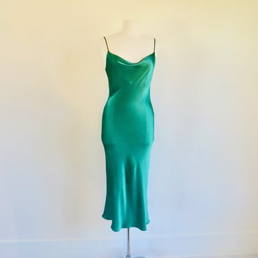 Vintage 1930's Style Emerald Green Rayon Satin Bias Cut Midi Long Slip Dress Cowl Neckline Spaghetti Straps Art Deco Park & Fifth Size Small 
