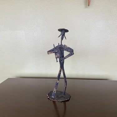 Midcentury modern vintage torch cut steel standing musician metal sculpture 