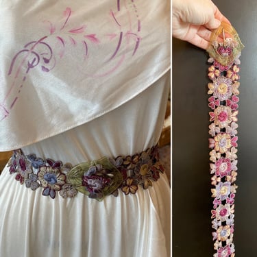 1940s belt, lace belt, lucite buckle, purple and pink floral, embroidered, 40s accessories, small medium, antique 