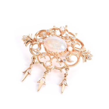 Vintage 10K Gold Dangle Pendant with Opals and Diamonds, Victorian Style Gold Brooch/Pendant with Opal and Diamonds 