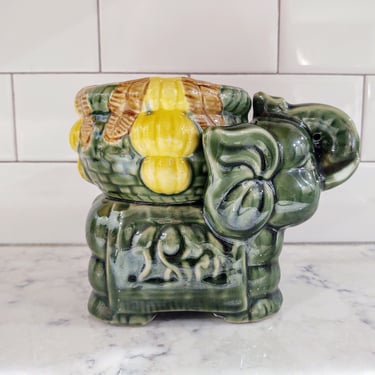 Large Vintage Green Elephant with Basket Ceramic Indoor Planter 