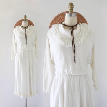 woven ivory fringe dress - s/m - vintage 80s 90s cream off white womens cowl neck dolman minimal artistic long midi dress sleeve 