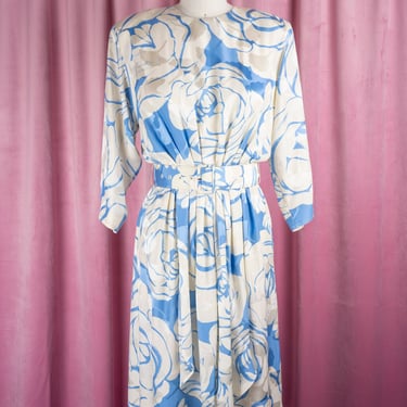 Vintage 80s Nordstrom 100% Silk Ivory and Light Blue Floral Print Dress with Cascading Front and Two Belt Options 