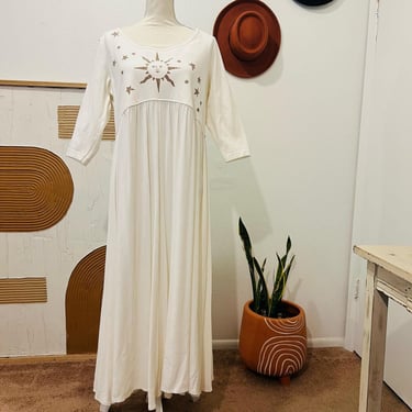 Handmade White Sun & Stars Celestial Boho 3/4 Sleeve Oversized Summer Dress XL 