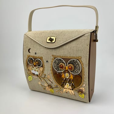 1960s OWL Box Purse - Jeweled Appliques on Linen with Wooden Side Panels - Vinyl Lining - Excellent Condition - NOS DeadStock 