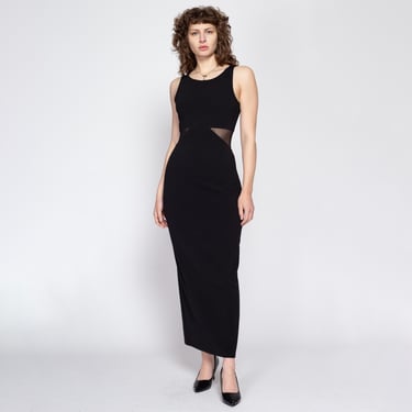 Sm-Med 90s Black Mesh Cut Out Waist Bodycon Maxi Dress | Vintage Sleeveless Fitted Slinky Sexy Cocktail Party Dress 