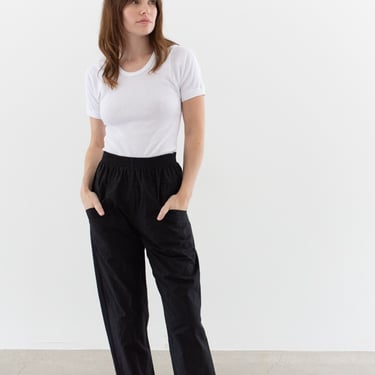 Vintage 24-30 Waist Slim Black Elastic Easy Pant | 80s 90s Walking High Waist Cotton Pants | 