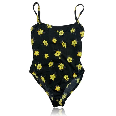 90s Vintage Black and Yellow Floral One Piece Swimsuit / 90s Swimwear // Concepts Sirena // Size 12 