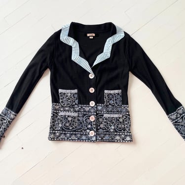 1990s Voyage Embroidered Black Wool Cardigan with Small Pockets 