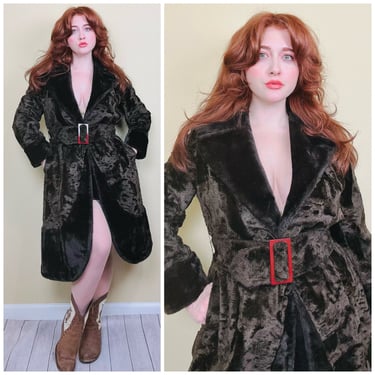 1960s Vintage Dark Brown Faux Fur Princess Coat / 70s Crushed Velvet Belted Jacket / Size Medium - Large 