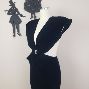 Vintage 1980's Black Cocktail Dress / 80s Velvet Cutout Formal Dress S 