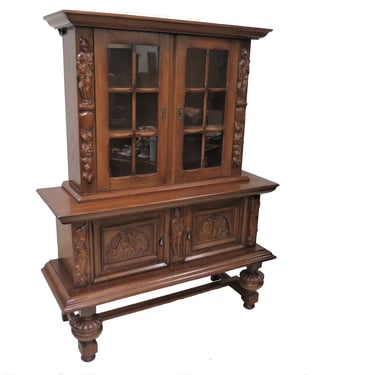 Vintage China Cabinet | French Carved Bruegel Style Two Piece China Hutch 
