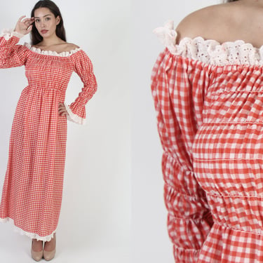Gingham Checkered Smocked Maxi Dress, Tiny All Over Plaid Print, Stretchy Elastic Bust, 70s Prairie Tiered Sleeves 