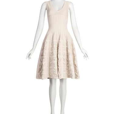 Alaia Vintage SS 2008 Light Beige Ruched Inset Knit Flounce Dress
