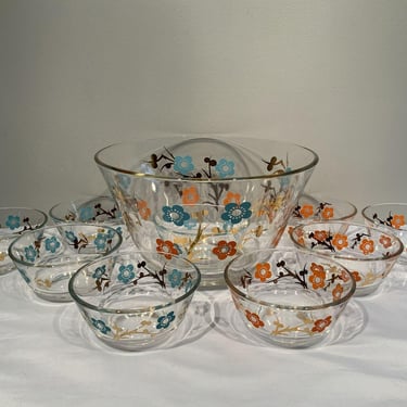 MCM Retro multicolored Floral Glass Salad Bowl And 9 Serving bowls, Blue Orange and yellow tableware, retro serving ware, flower power decor 