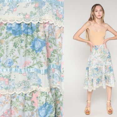 Floral Prairie Skirt 70s Blue Tiered Midi Skirt Retro Cottagecore Calico Flower Print Lace Retro High Waisted Vintage 80s Extra Small xs 