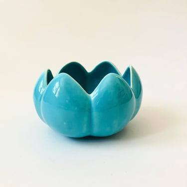 Mid Century Blue Pottery Lotus Bowl 