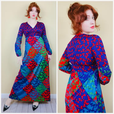 1970s Vintage Purple and Red Mushroom Print Maxi Dress / 70s / Seventies Psychedelic Novelty Print Dress / Size Small - Medium 