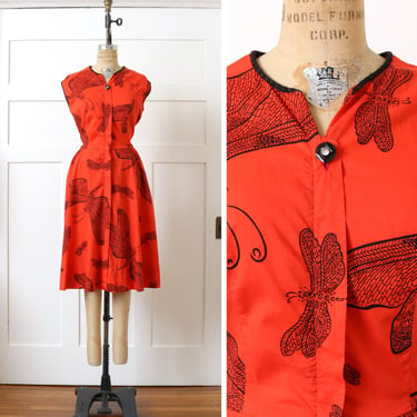 volup vintage 1950s 60s novelty print dress • bright red & black dragonfly zipper front sundress 