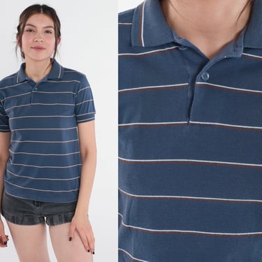Blue Striped Polo Shirt 90s Collared T-Shirt Retro Short Sleeve Top Preppy Streetwear Half Button up Tee Basic Vintage 1990s Extra Small xs 