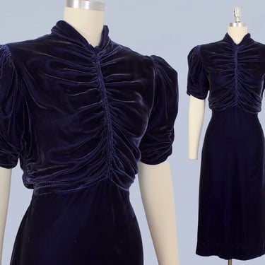1930s Dress / 30s 40s Midnight Silk Velvet Dress / Button Back / Tie Waist / Ruching / Puffed Sleeve 
