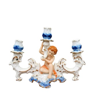 Regal Crown Candlestick Candle Holder Candelabra Porcelain Cherub Romania Vintag 