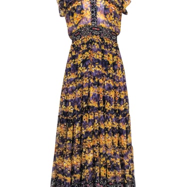 MISA Los Angeles - Mustard & Deep Purple Floral Maxi Dress Sz XS