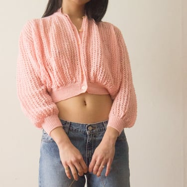 1970s Pink Crocheted Cropped Cardigan 