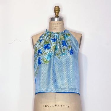 Boho Cami Top Size Large | Blue Flower Print Top | Upcycled Vintage Scarves Top | Slow Fashion | Summer Halter Top | Tank Top | Ellemichelle 