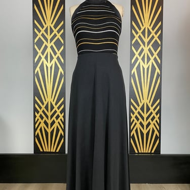 1970s halter dress, vintage maxi dress, black polyester, silver and gold metallic, striped 70s dress, minx style, medium, disco, 28 waist 