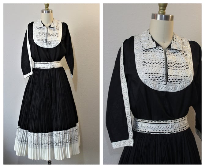 Vintage 1940s 50s Jeanette's Originals Albuquerque New Mexico Black Silver Patio dress circle skirt set southwestern // Modern US 4 6 small 