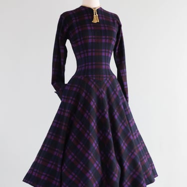 Early 1950's Jewel Tone Plaid Anne Fogarty New Look Wool Winter Dress /  Medium