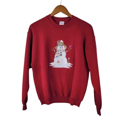 Vintage Christmas Sweatshirt Medium Embroidered Snowman Red Cardinal Mouse Bunny 