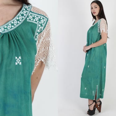 Ethnic Hand Stitched Embroidered Dress, Crochet Mesh Tie Dyed Cotton, Vintage Sheer Sleeve Caftan Maxi 