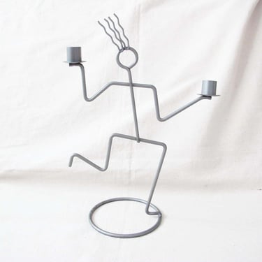 90s Post Modern Wire Squiggle Person Metal Candelabra for Two Taper Candles - Memphis Design - Quirky Gift For Friend 