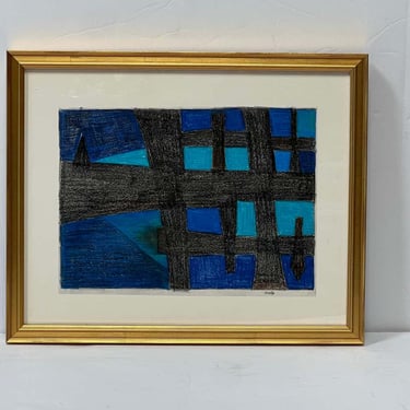 Black and Blue Abstract Pastel Drawing by Amalia Schulthess in Gold Frame