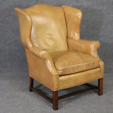 Time-Worn Old Money Style Gerogian Mahogany Mustard Hued Leather Wing Chair
