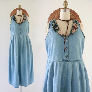 denim market dress - m - vintage 90s 1990s blue jean casual comfortable floral cute cottage cottagecore medium long maxi womens 