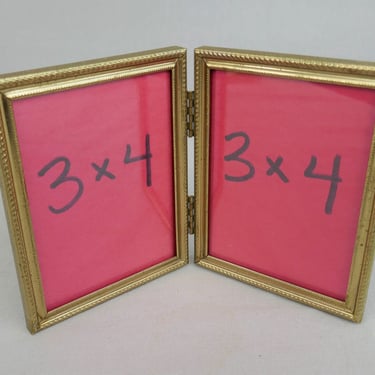 Vintage Hinged Double Picture Frame - Gold Tone Metal w/ Glass - 3