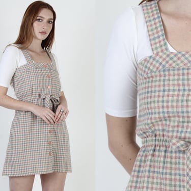 70s Bohemian Roller Skate Dress, Simple Plaid Disco Preppy Outfit, Vintage 1970s Short Overall Mini With Pockets 