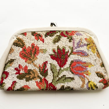 1960s Flowered Needlepoint Clutch | 60s Beige Upholstery Fabric Purse 