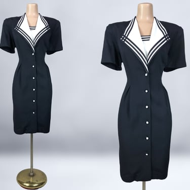 VINTAGE 80s does 40s Black and White Rayon Nautical Pencil Dress By SL Fashions Size 14 | 1980s Sexy Wiggle Pin-Up Sailor Dress | vfg 