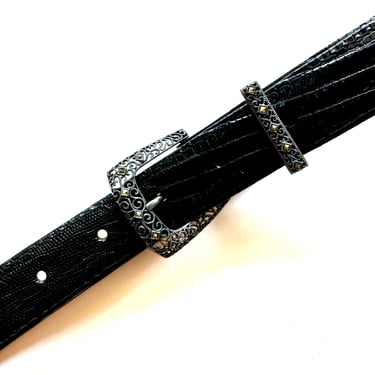 Vintage Judith Jack Belt 90s Marcasite Sterling Silver Buckle 1990s Patent Leather Belt Black 