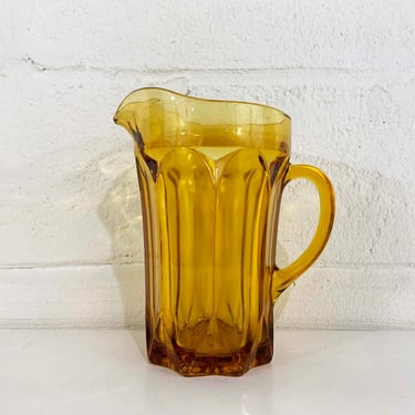 Vintage Amber Glass Pitcher 1970s 70s Iced Tea Lemonade Mid-Century Colorful Home Decor Serving Party MCM Yellow Geometric 