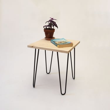 Square Top, Simple Side Table, Modern End table with Metal Black Hairpin Legs - Raw 