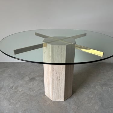 Italian Postmodern  Artedi - Style Octagonal Travertine  Pedestal Base And Glass Top Round Dining Table 