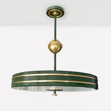 Swedish Art Deco patinated brass chandelier with target motif by Bohlmarks.