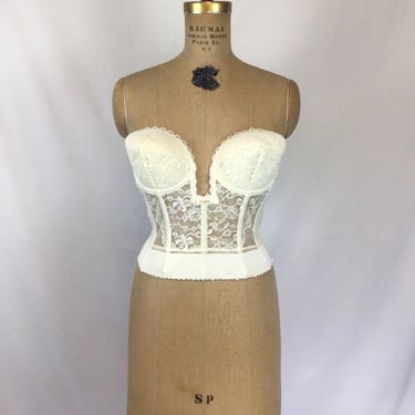 Vintage 60s Bustier | Vintage white floral lace Merry Widow | 1960s white strapless bra girdle 