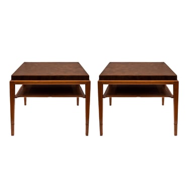 Tommi Parzinger Finely Crafted Pair of Mahogany Tables with Leather Tops 1940s
