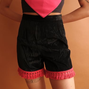 Vintage 80s Fringed Velveteen Shorts/ 1980s High Waisted Black Velvet/ Size Small 25 